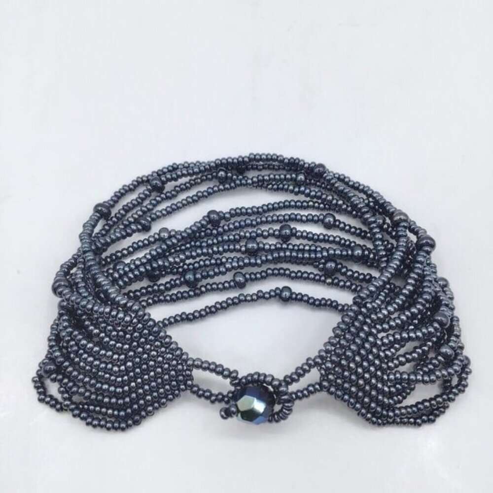 Vintage Women's Hand Beaded Bracelet Seed Beads Multi Strand Adjustable Gunmetal